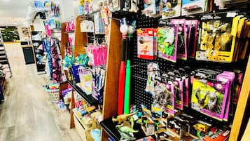 Una tienda con estantes llenos de juguetes, libros y otros artículos.
