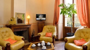 A room with two leather armchairs, a fireplace, a television, and a potted plant. - Le Manoir de la Giraudière (Beaumont-en-Veron)