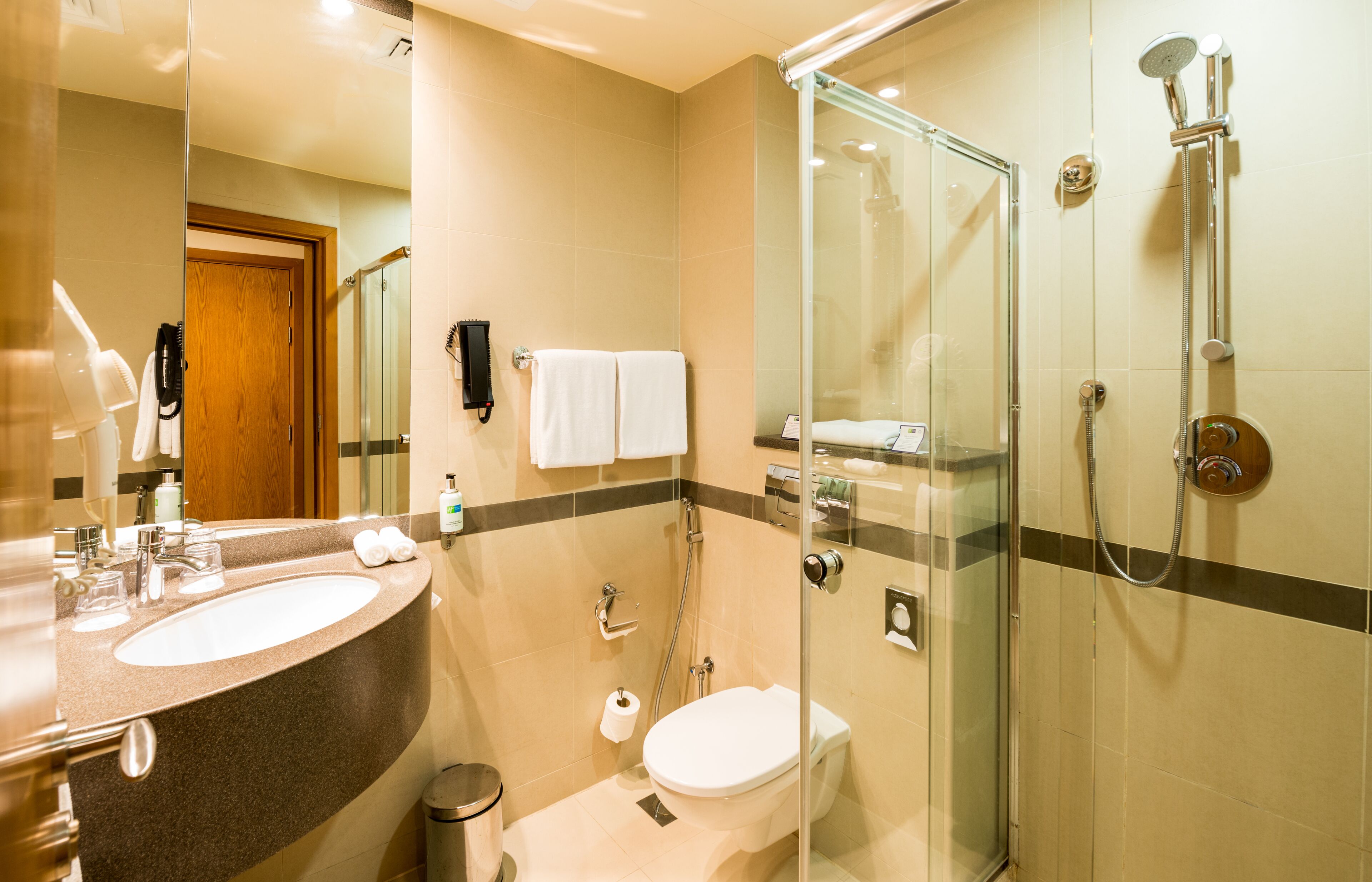 shower, hair dryer, bidet, towels