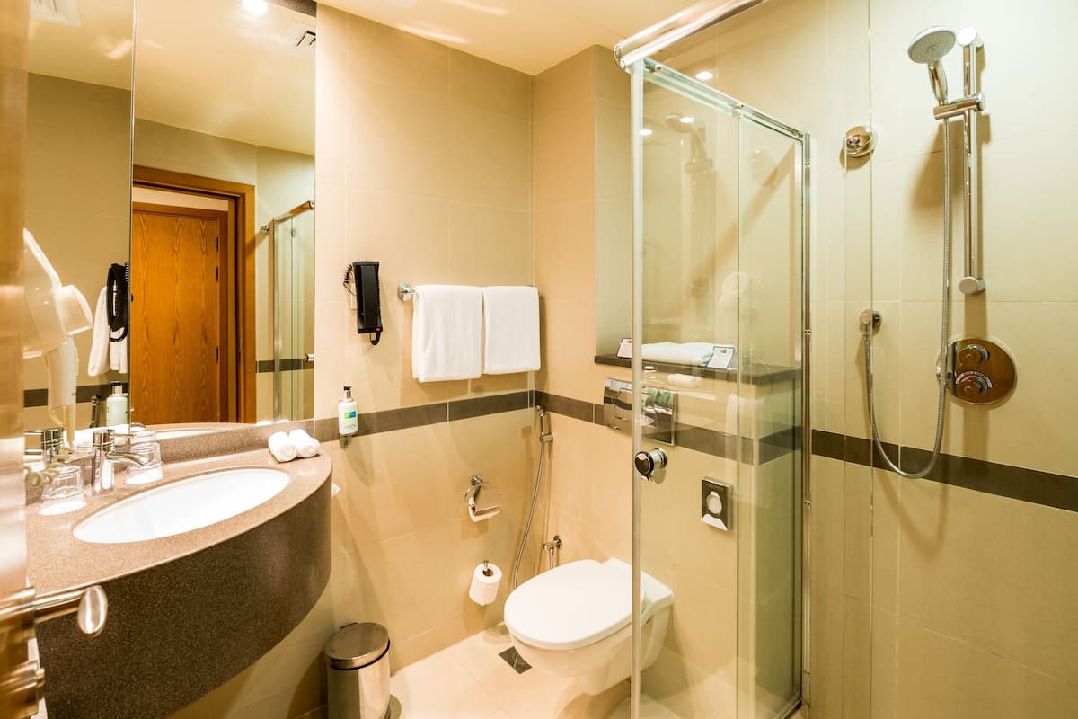 shower, hair dryer, bidet, towels