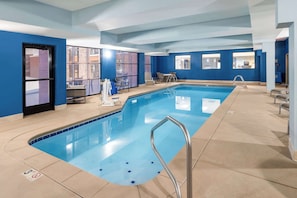 Indoor pool, open 6 AM to 10:00 PM, pool loungers