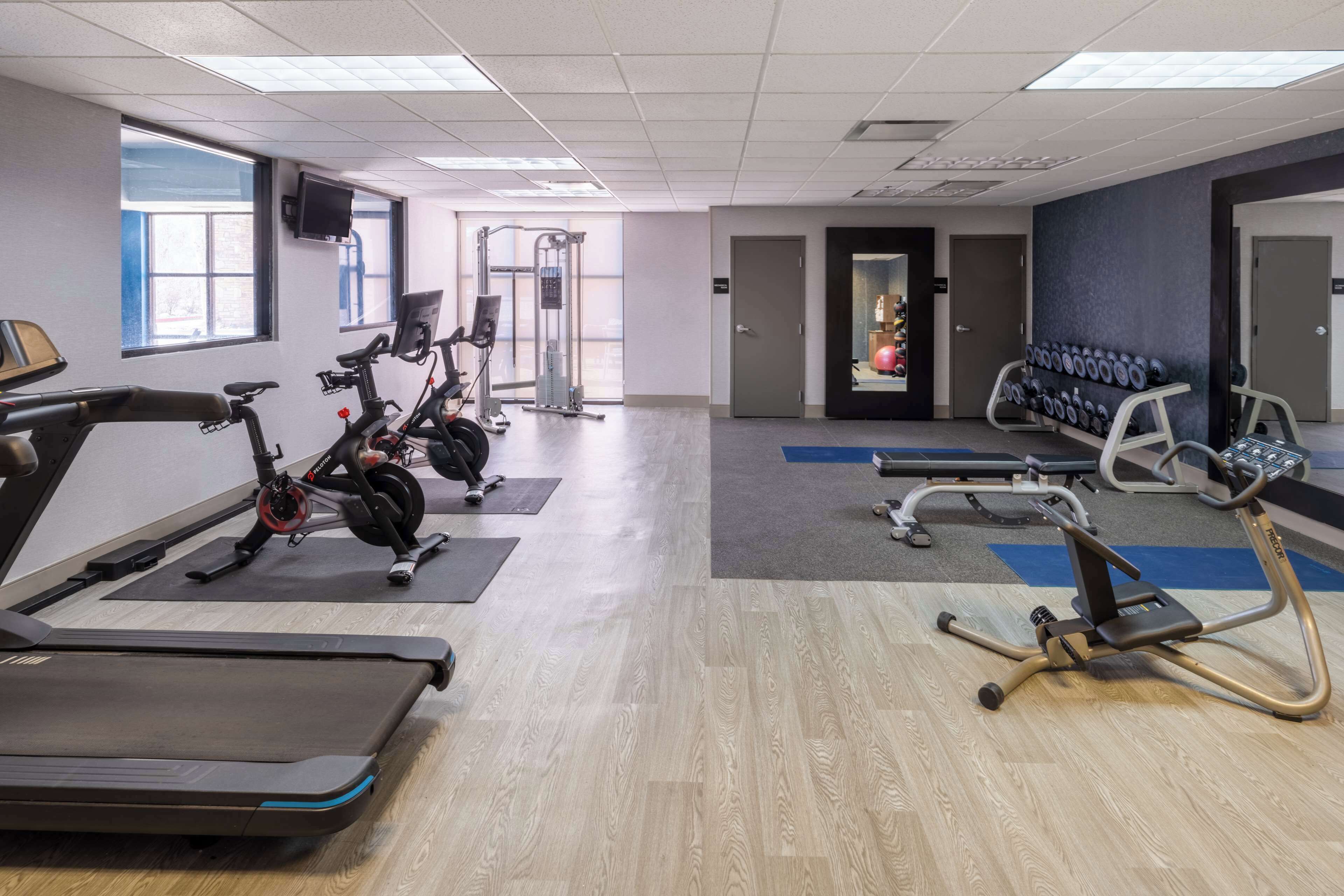 A gym with treadmills, stationary bikes, and a weight machine.