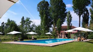 Alberca al aire libre, sombrillas en la alberca y camastros