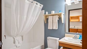 Une salle de bain avec un rideau de douche, des toilettes, un lavabo et un miroir.
