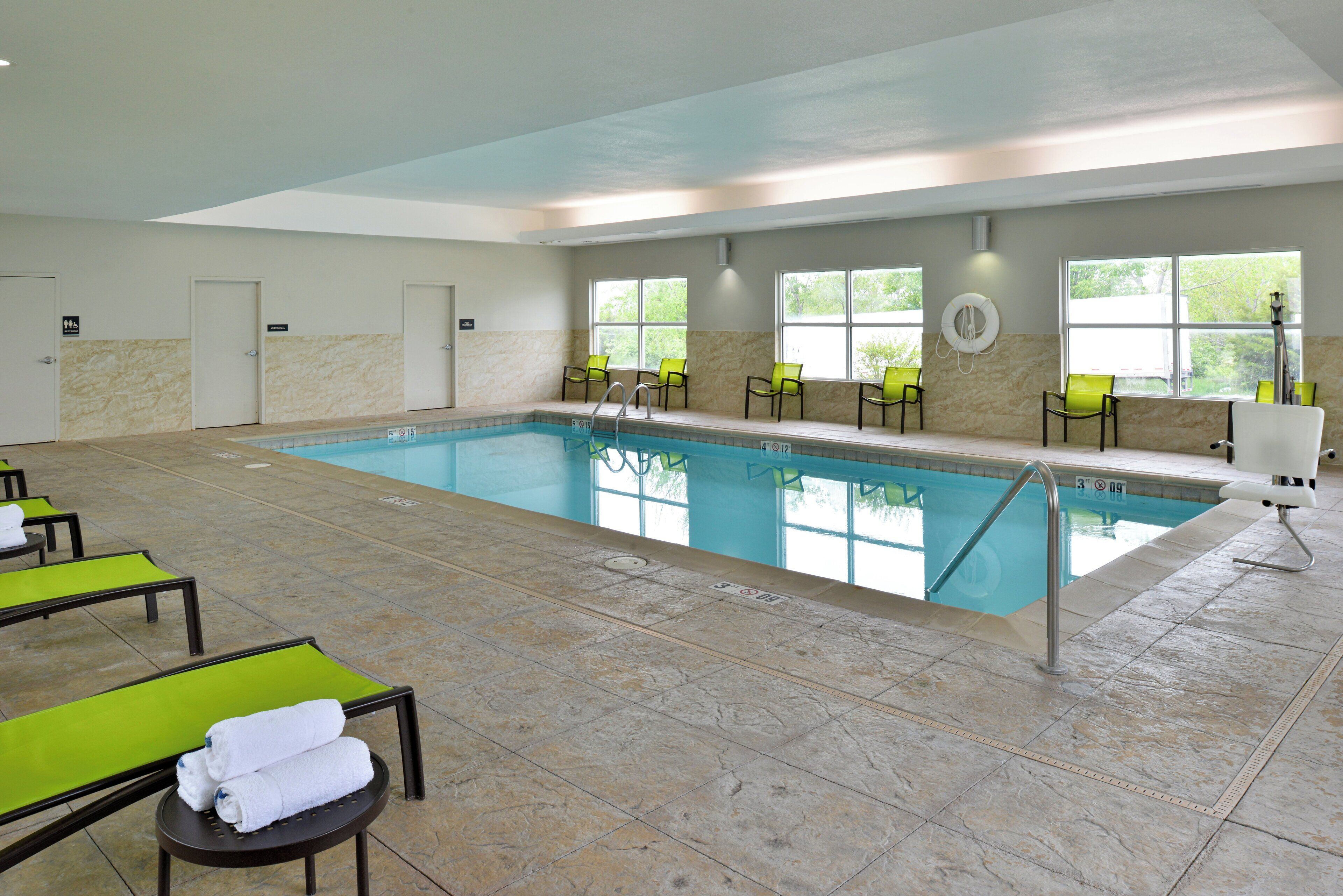 indoor pool, open 8:00 am to 10:00 pm, pool loungers