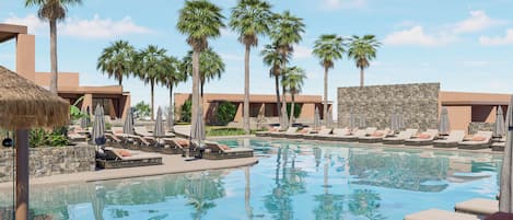 Indoor pool, outdoor pool, open 10 AM to 7 PM, pool umbrellas