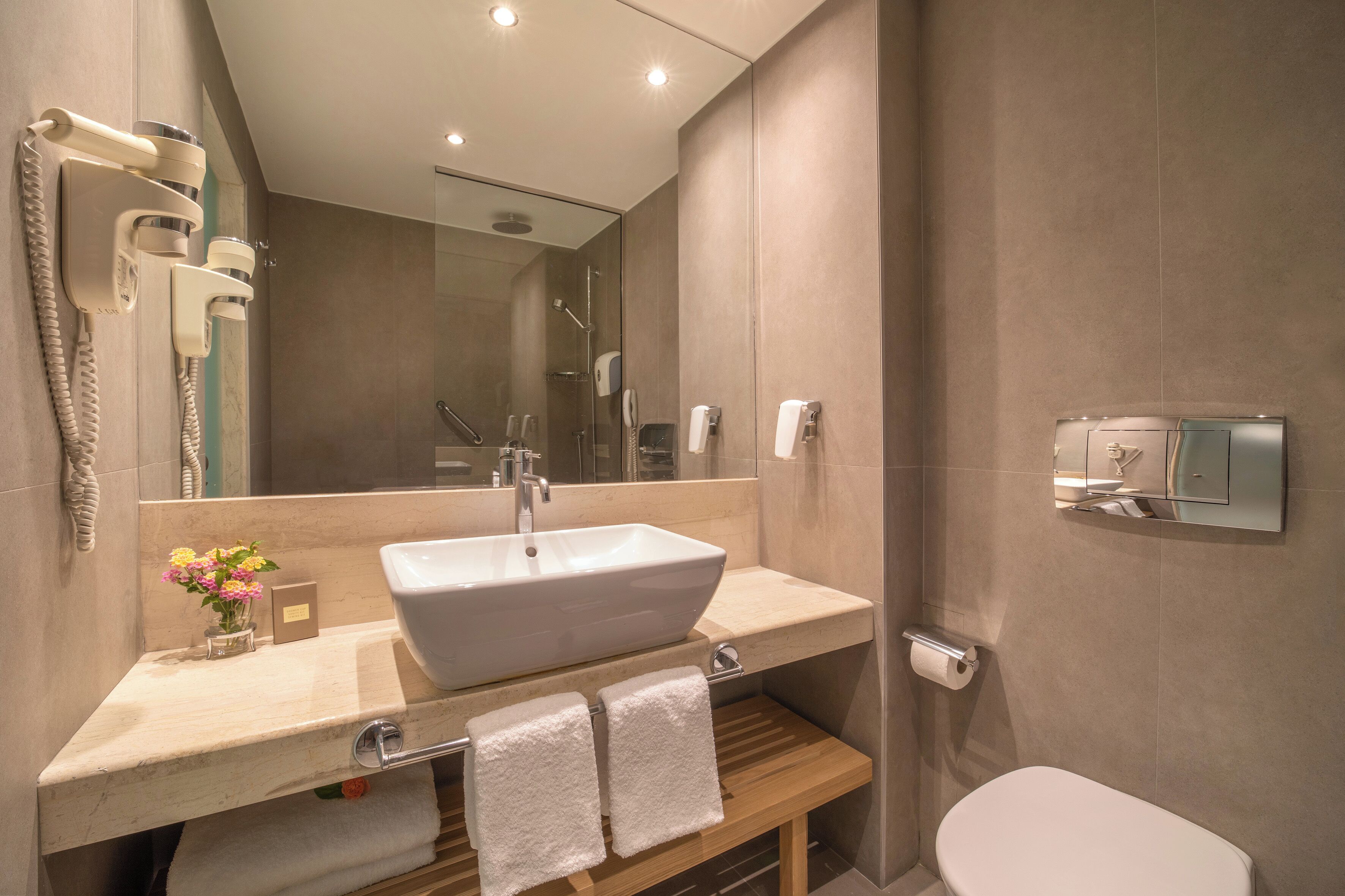 A modern bathroom with a large sink, a mirror, a toilet, and a shower area.