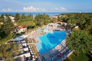 Outdoor pool, pool umbrellas, pool loungers