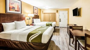 A hotel room with two beds, a desk, a chair, a television, and a door.