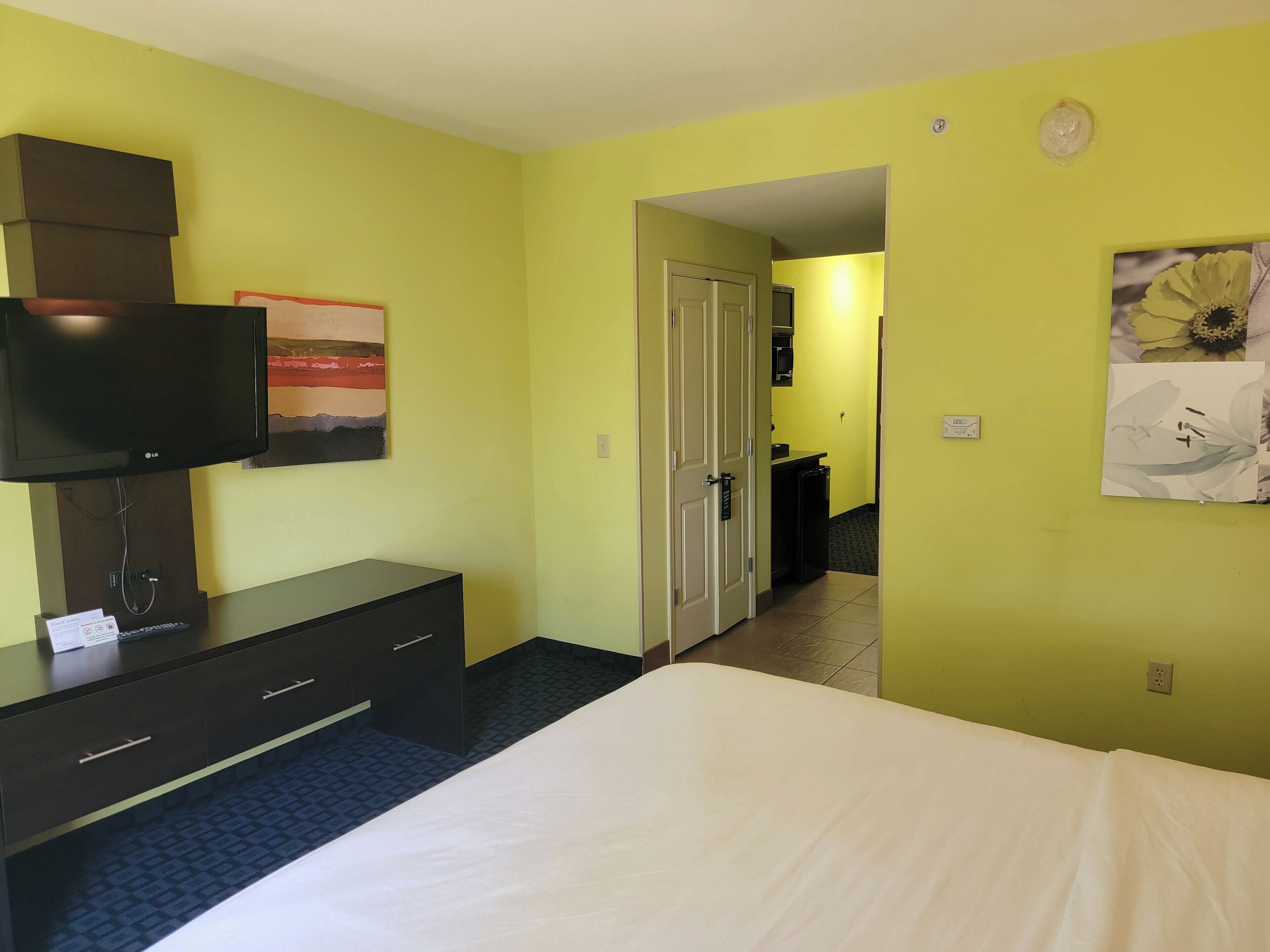 A hotel room with a bed, a TV on a stand, a desk with drawers, a door leading to another room, and a wall with a flower painting.