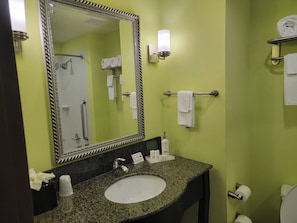 A bathroom with a granite countertop sink, a large mirror, a towel rack, and a toilet paper holder.