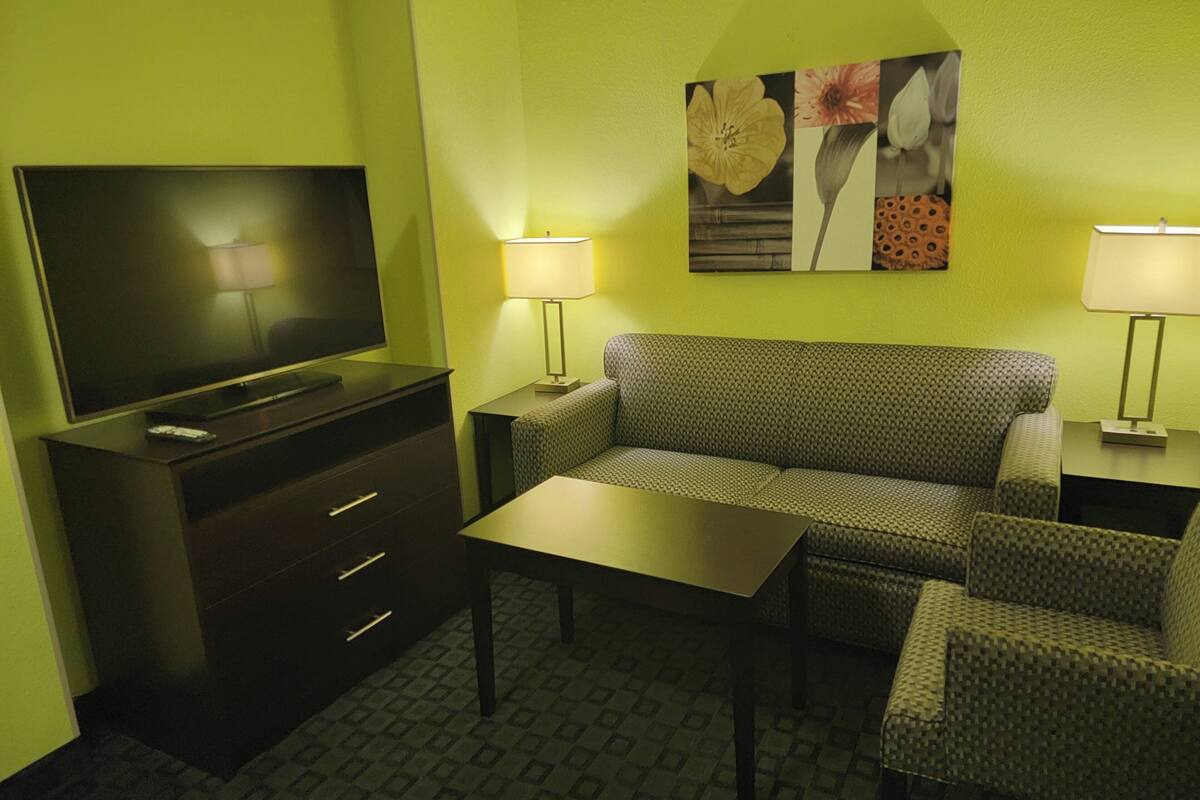 1 bedroom, desk, laptop workspace, iron/ironing board