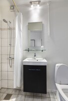 A modern bathroom with a shower, sink, and toilet.