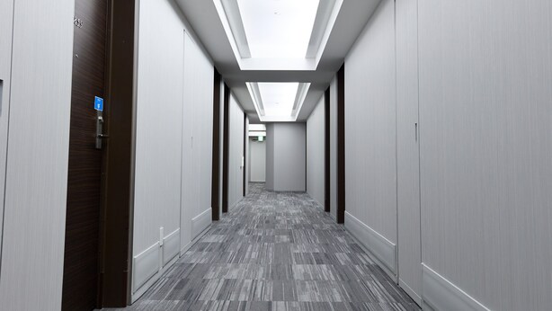 A modern hotel corridor with a skylight, carpeted floor, and white walls. - Ginza International Hotel (Tokyo)