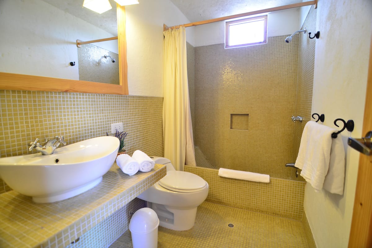 shower, free toiletries, hair dryer, towels