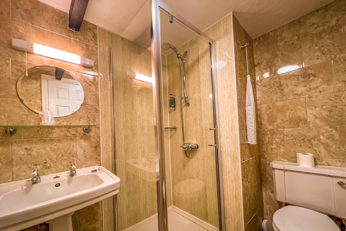 A bathroom with a glass-enclosed shower, a sink, a toilet, and a mirror.
