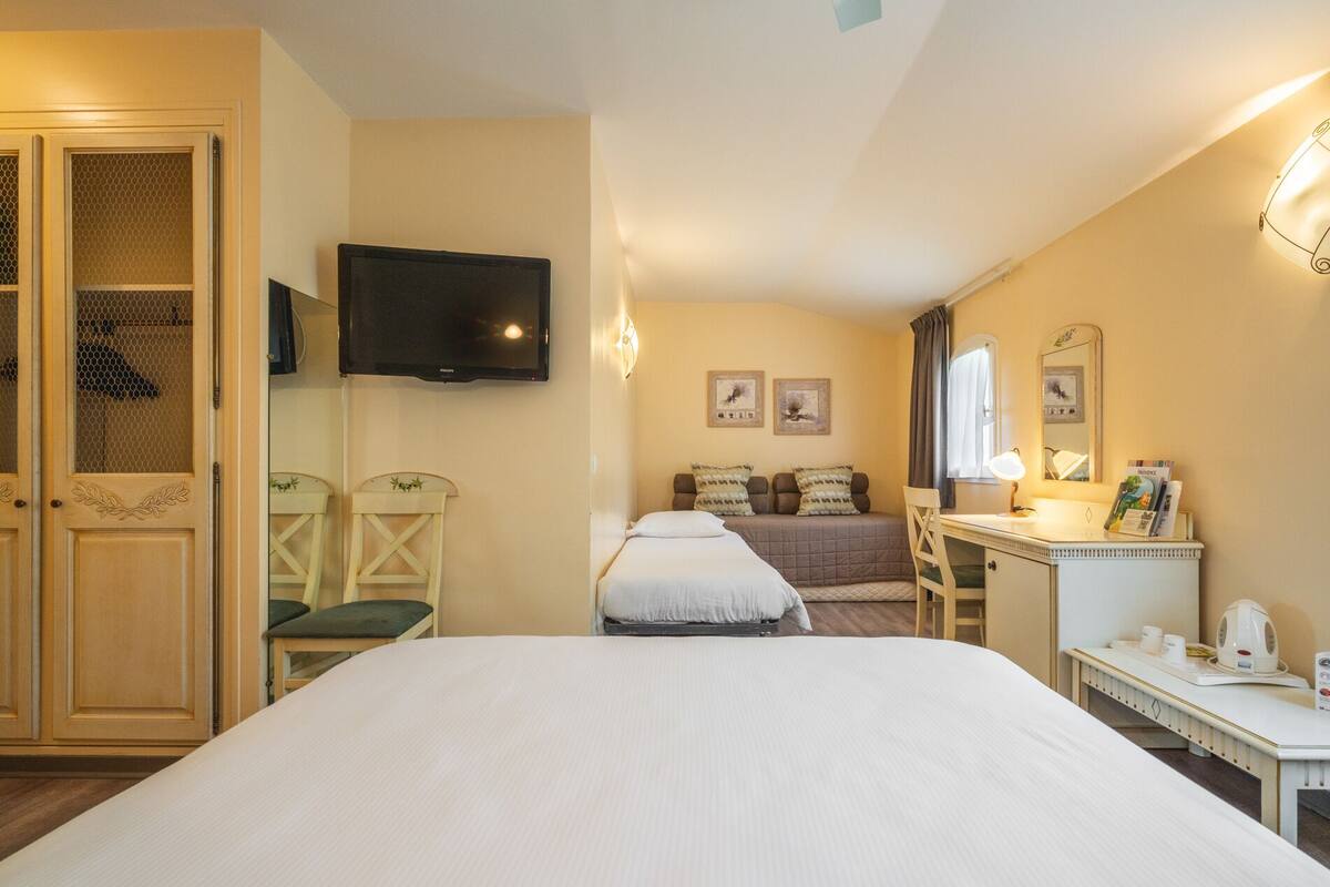 A hotel room with a large bed, a desk with a chair, a television, and a wardrobe with a mirror.