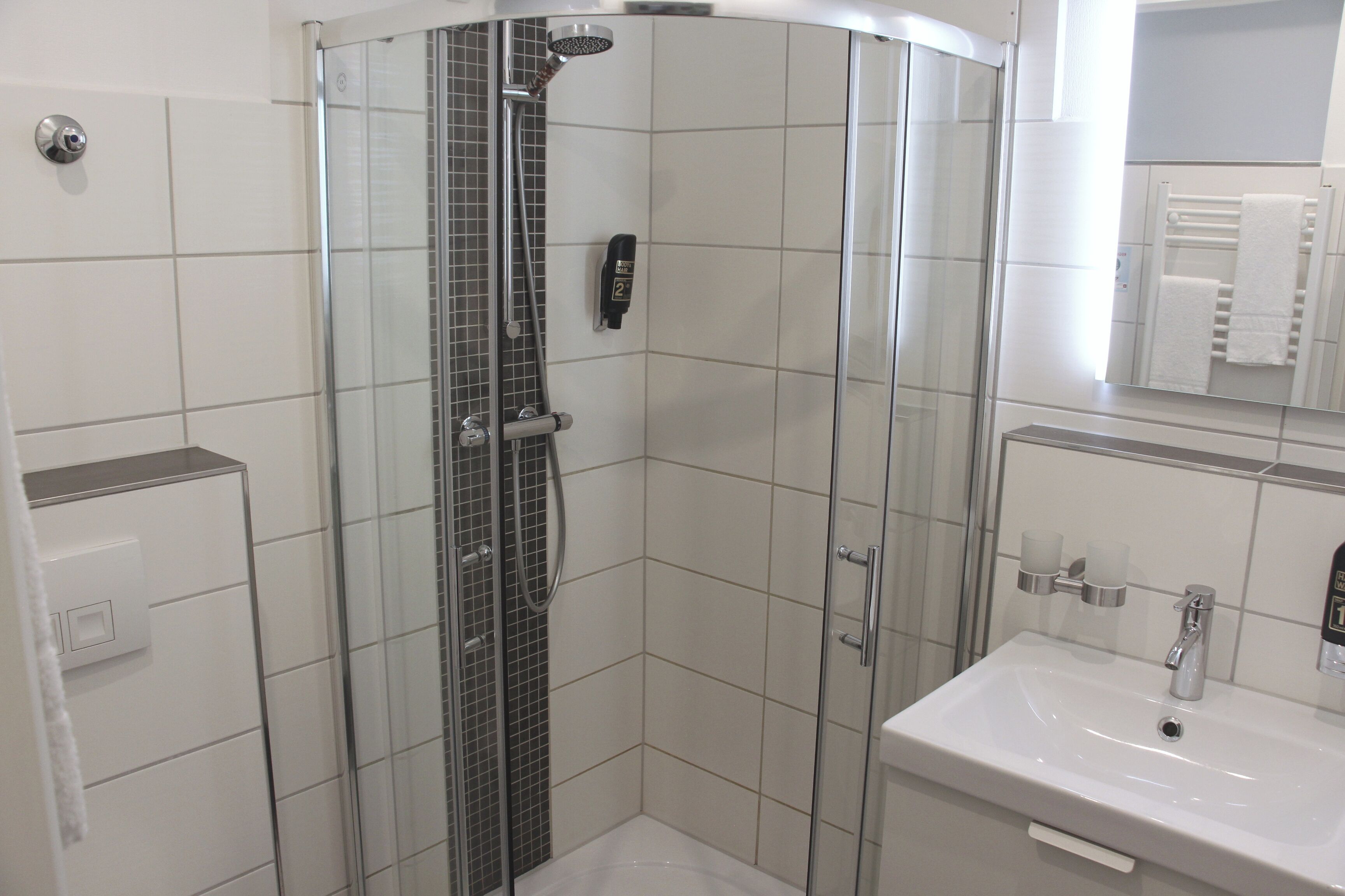 double room | bathroom | shower, hair dryer, towels