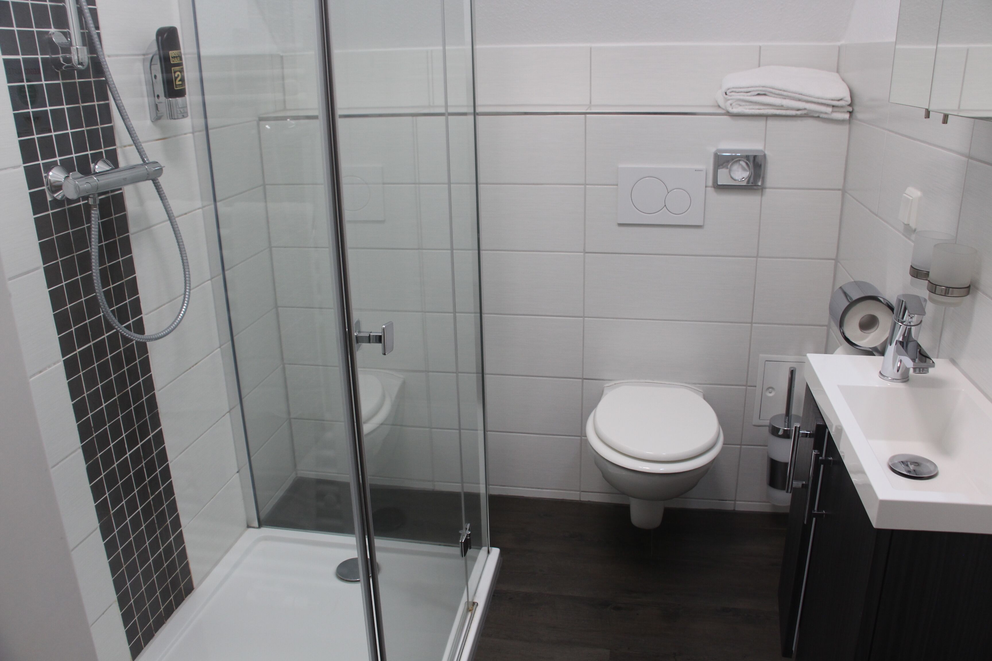 A modern bathroom with a glass-enclosed shower, a white toilet, and a white sink with a mirror.