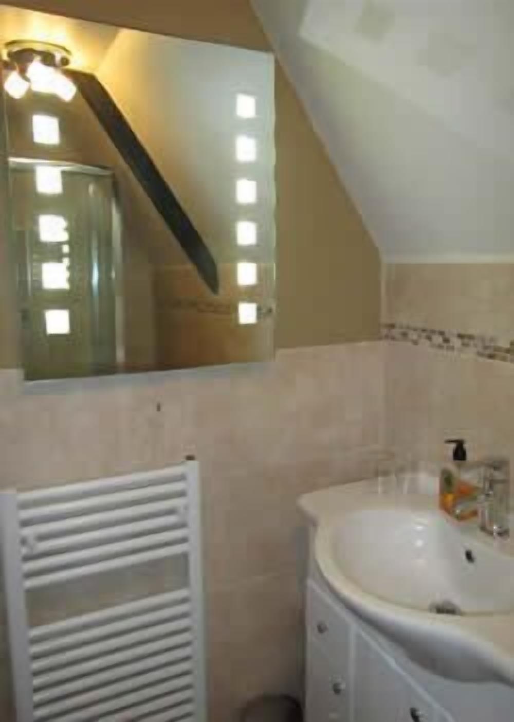 A bathroom with a white sink, a mirror, and a towel rack.