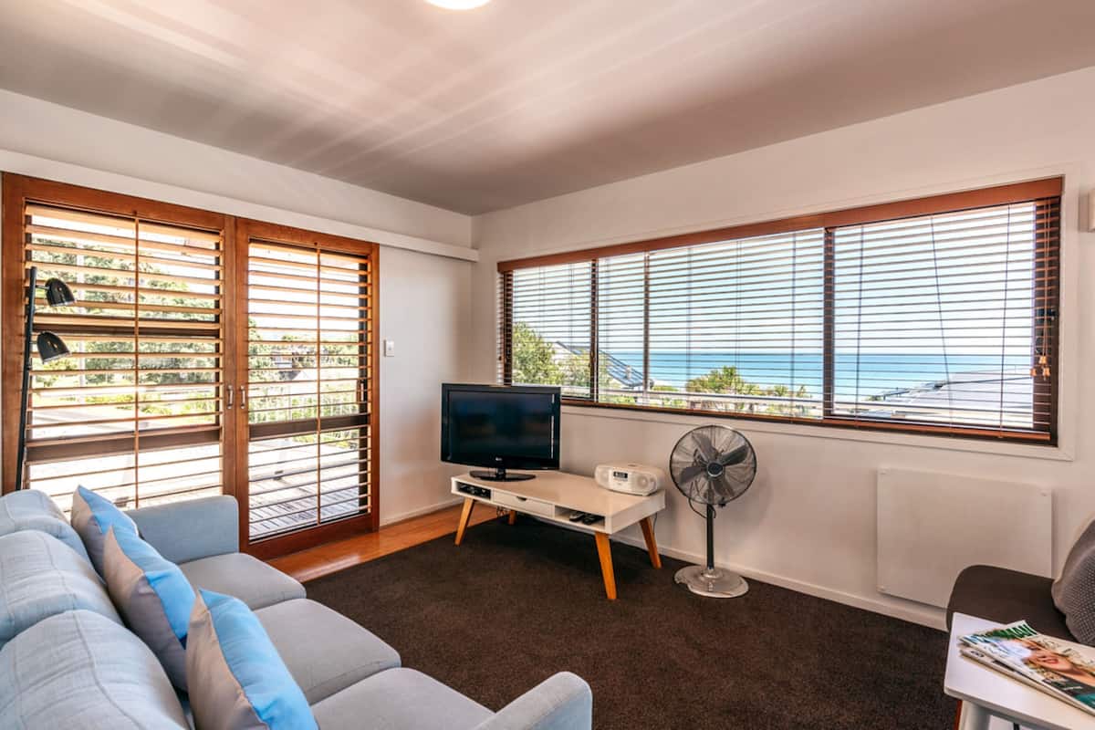 A modern living room with a grey sofa, a TV, a fan, and large windows with blinds.