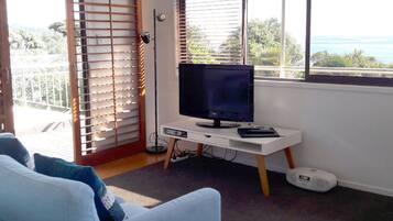 Een kamer met een televisie op een witte standaard, een bank met blauwe kussens, een raam met zonwering en uitzicht op de omgeving.