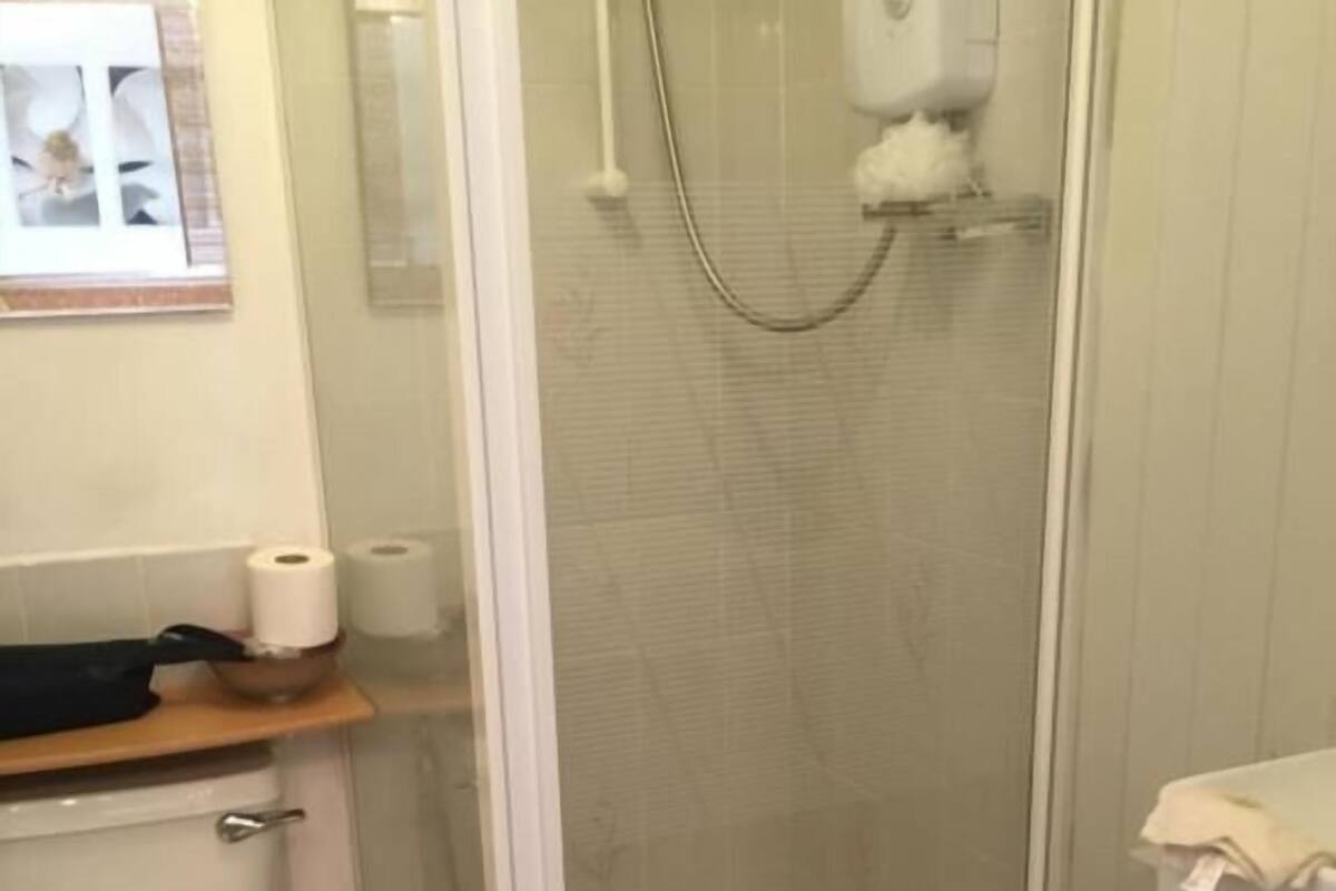 A bathroom with a toilet, a shower enclosure, and a sink.