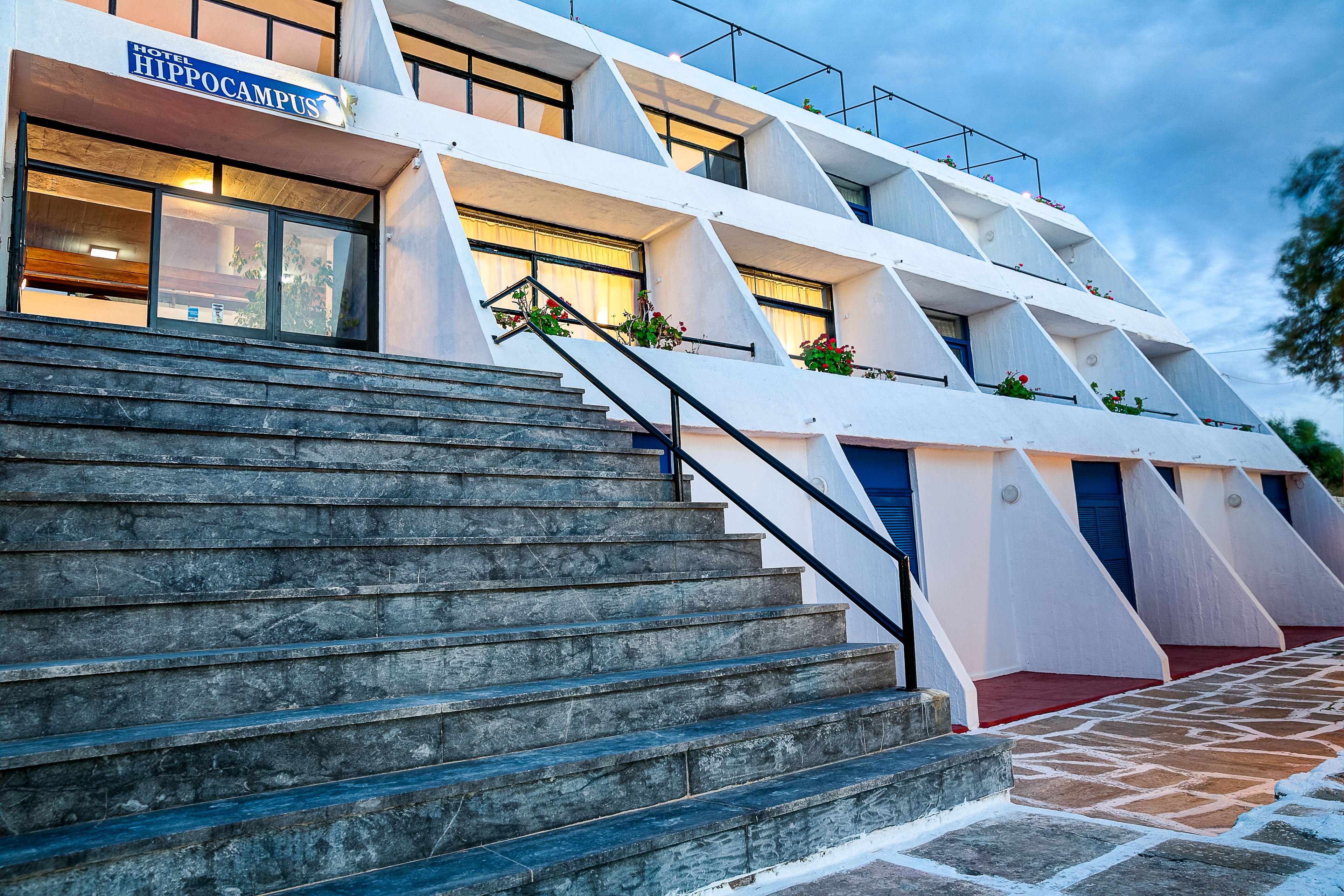 A hotel with a modern architectural design, featuring a staircase leading to the entrance, and a sign indicating it is the "Hotel Hippocampus."