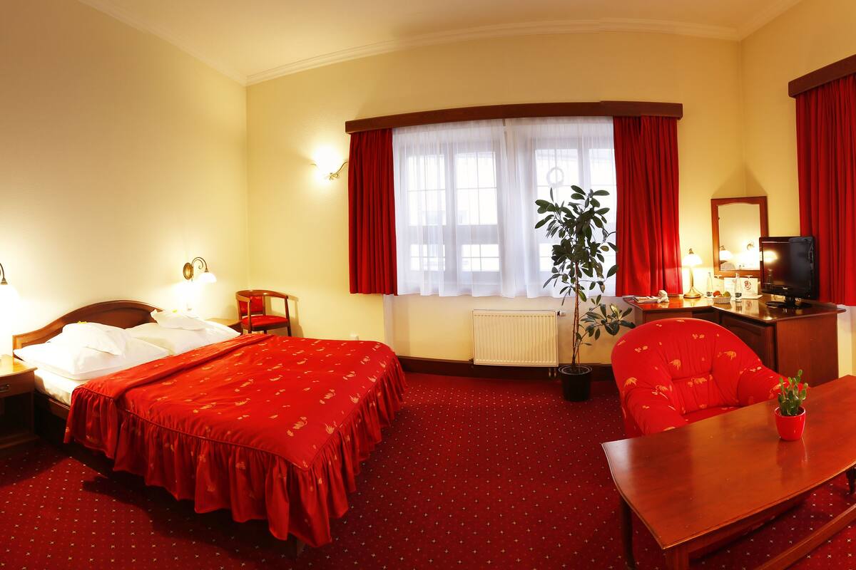A hotel room with a bed, a desk, a chair, a potted plant, and a window with red curtains.