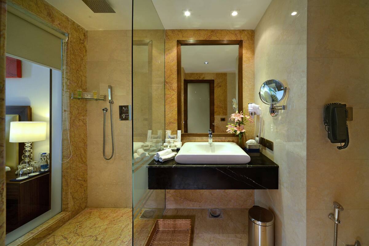 Une salle de bain moderne avec une douche à parois de verre, un lavabo sur un plan de travail noir, un miroir et une poubelle.