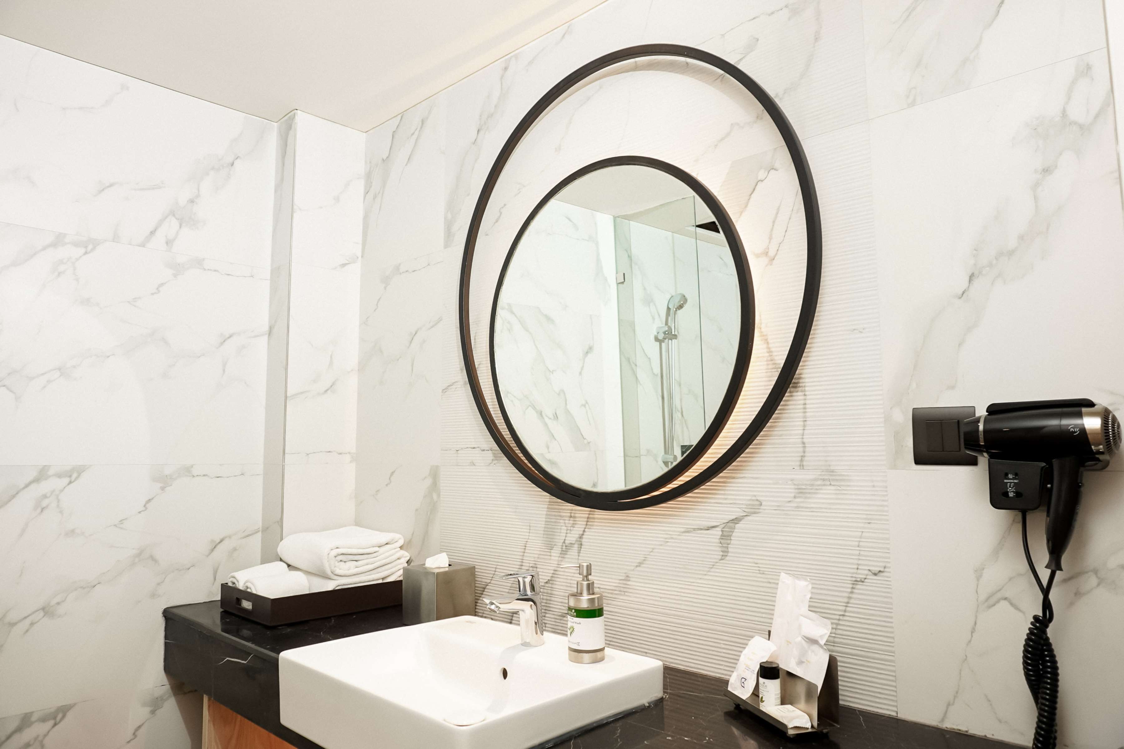 shower, eco-friendly toiletries, hair dryer, bathrobes