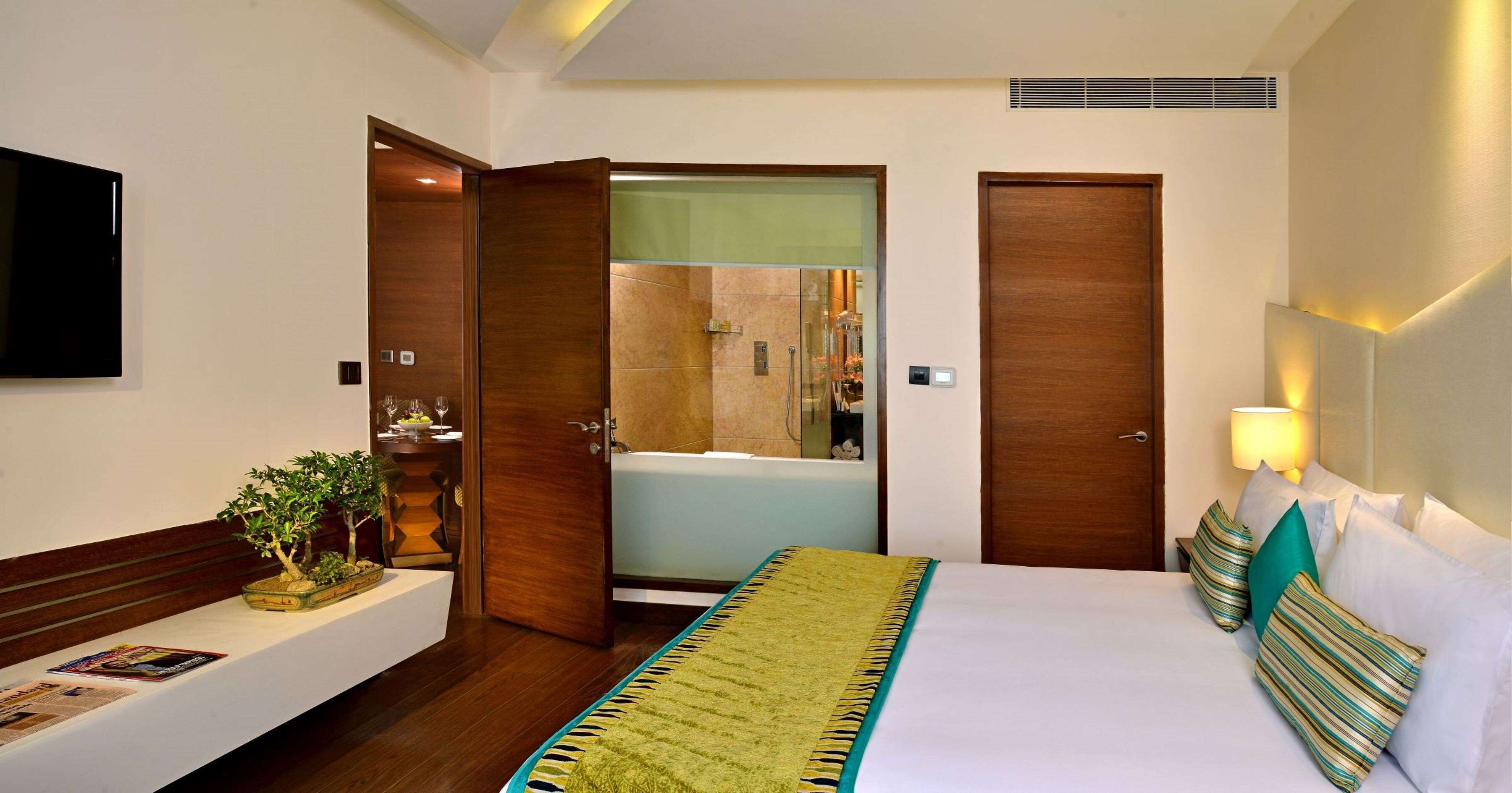 Habitación de hotel con cama, mesita de noche con planta, televisor y baño a la vista por una puerta abierta.