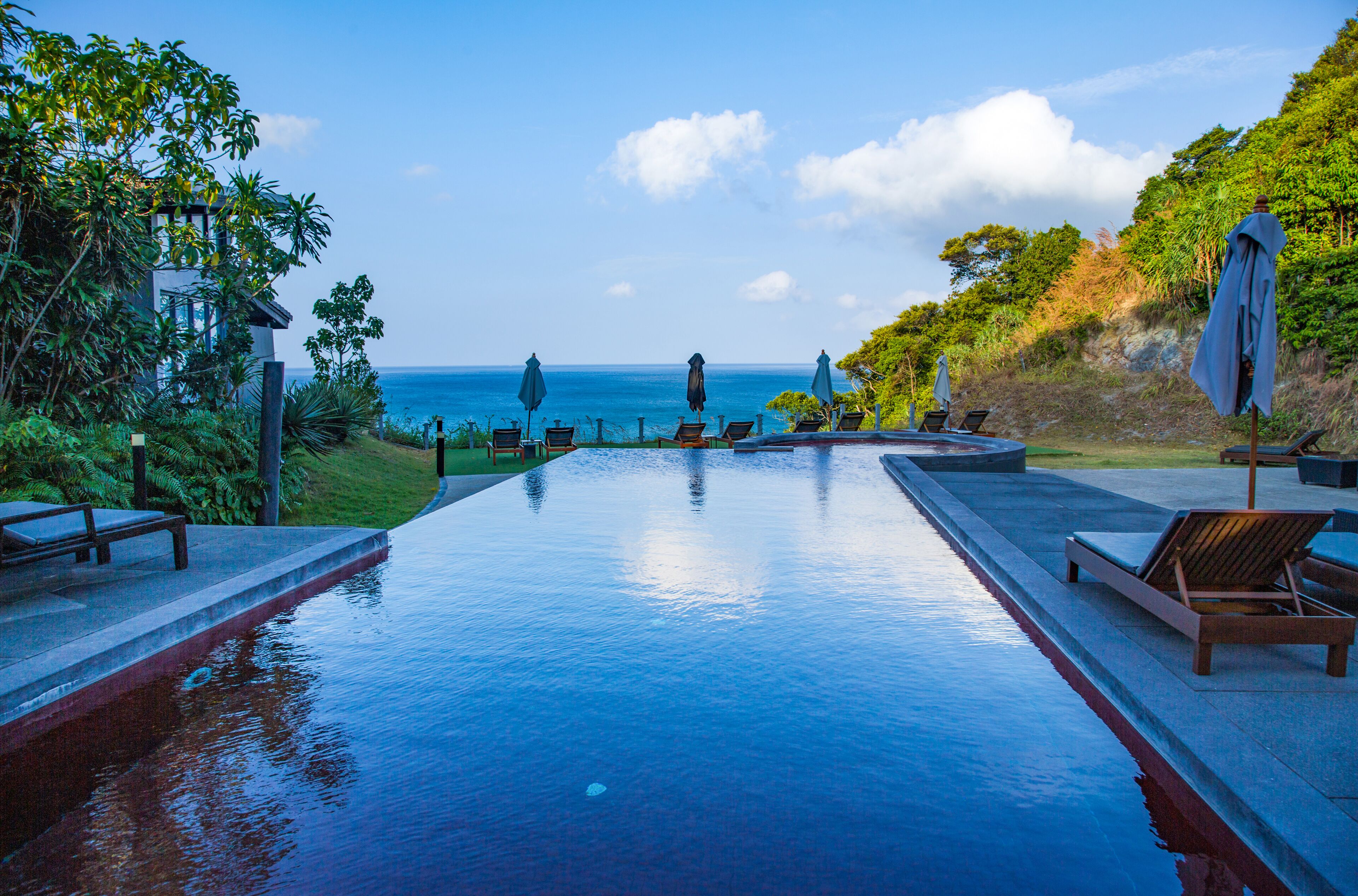 Outdoor pool, pool umbrellas, pool loungers