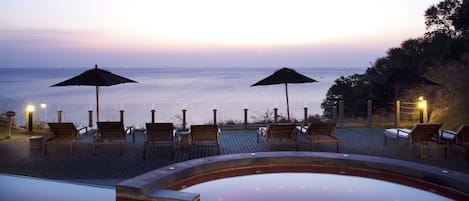 Outdoor pool, pool umbrellas, pool loungers