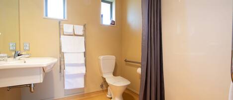 A bathroom with a toilet, sink, and shower curtain.