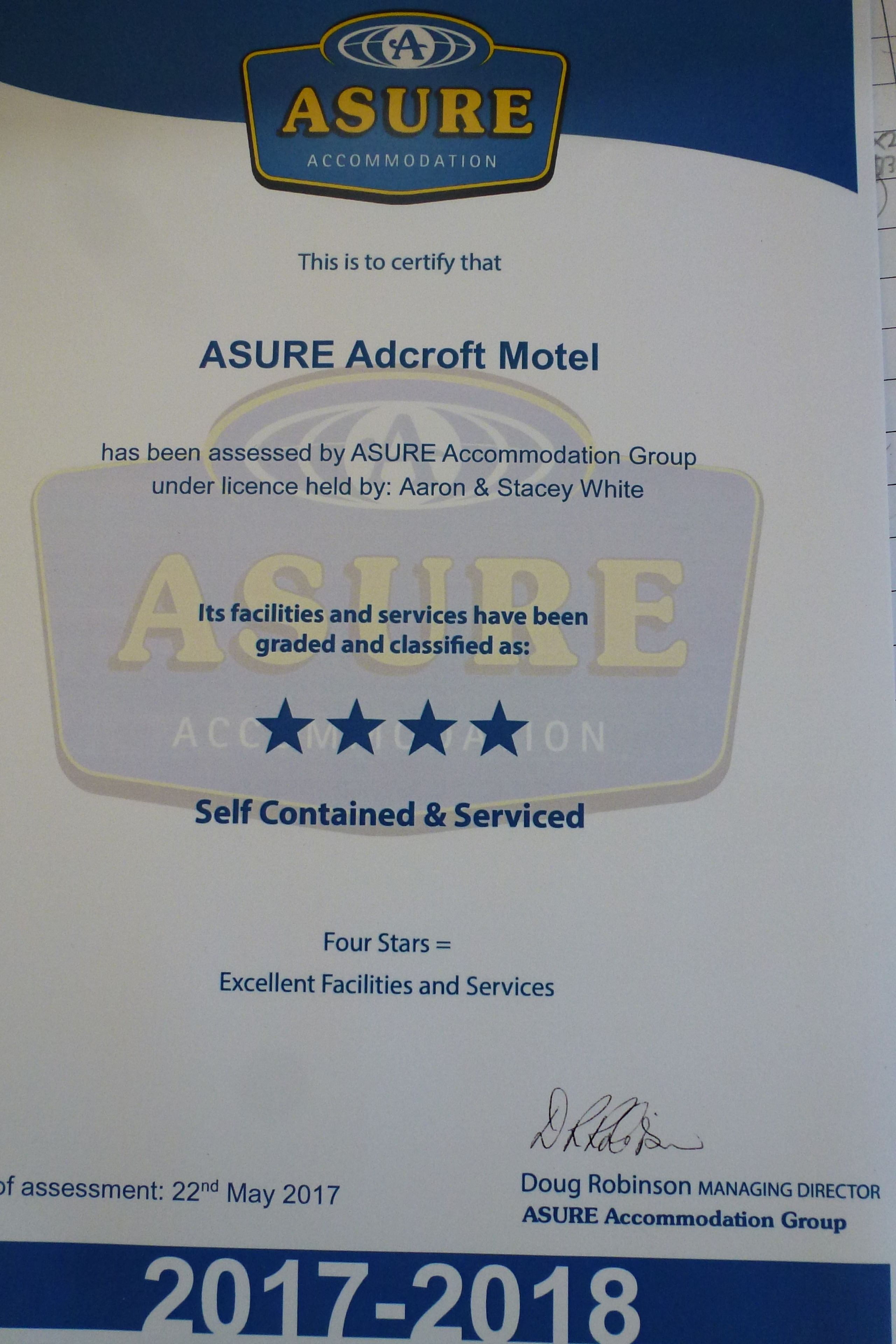 A certification for ASURE Adcroft Motel, indicating it has been assessed by ASURE Accommodation Group.