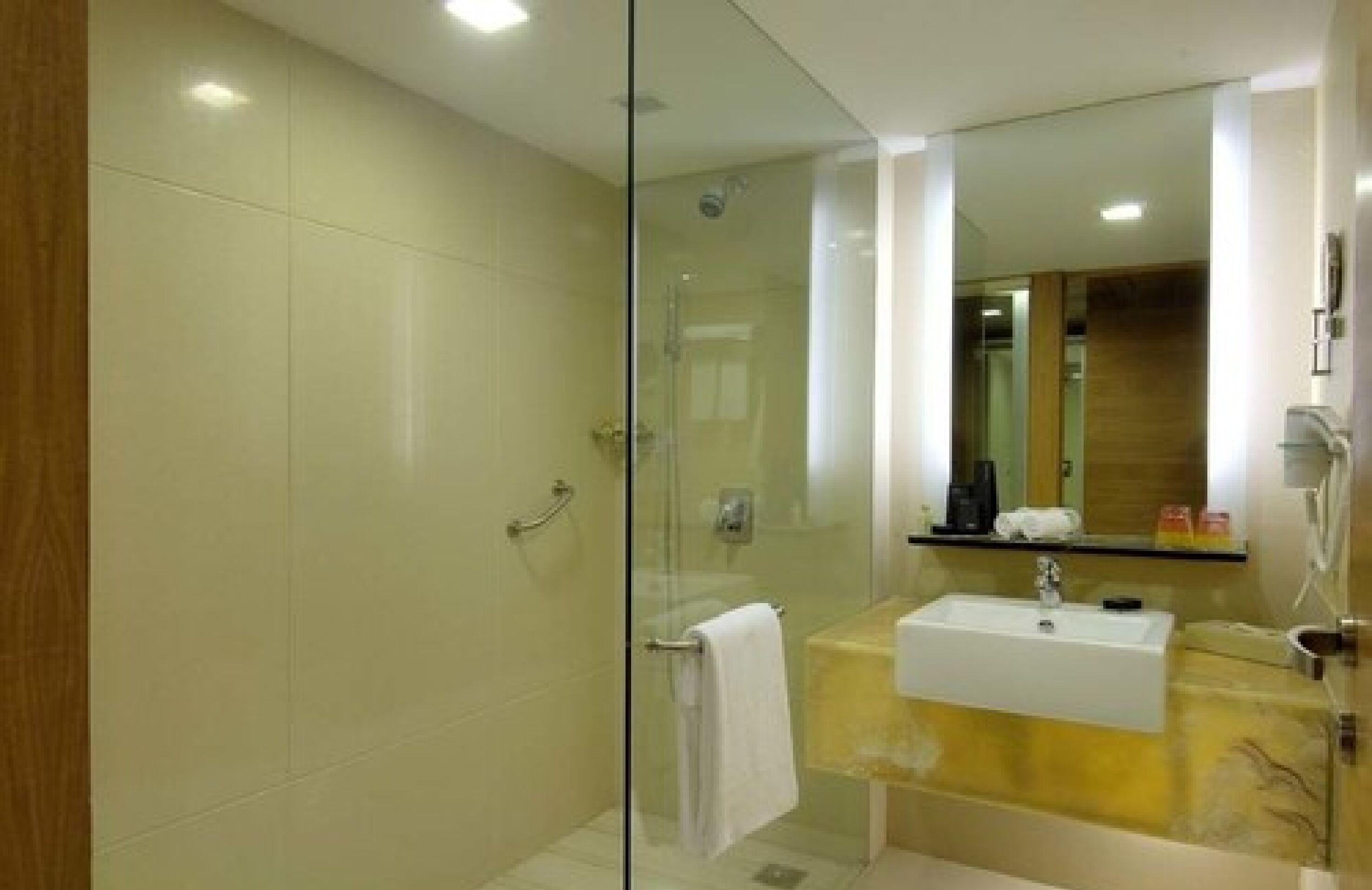 A modern bathroom with a glass shower enclosure, a sink, and a mirror.