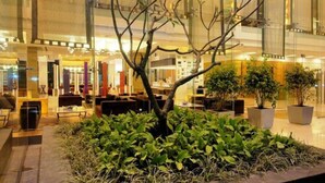 Espaço interior moderno com uma árvore central, cercado por áreas de estar e plantas em vasos.