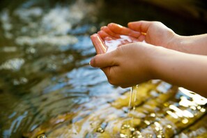Manos sosteniendo agua de una fuente natural.