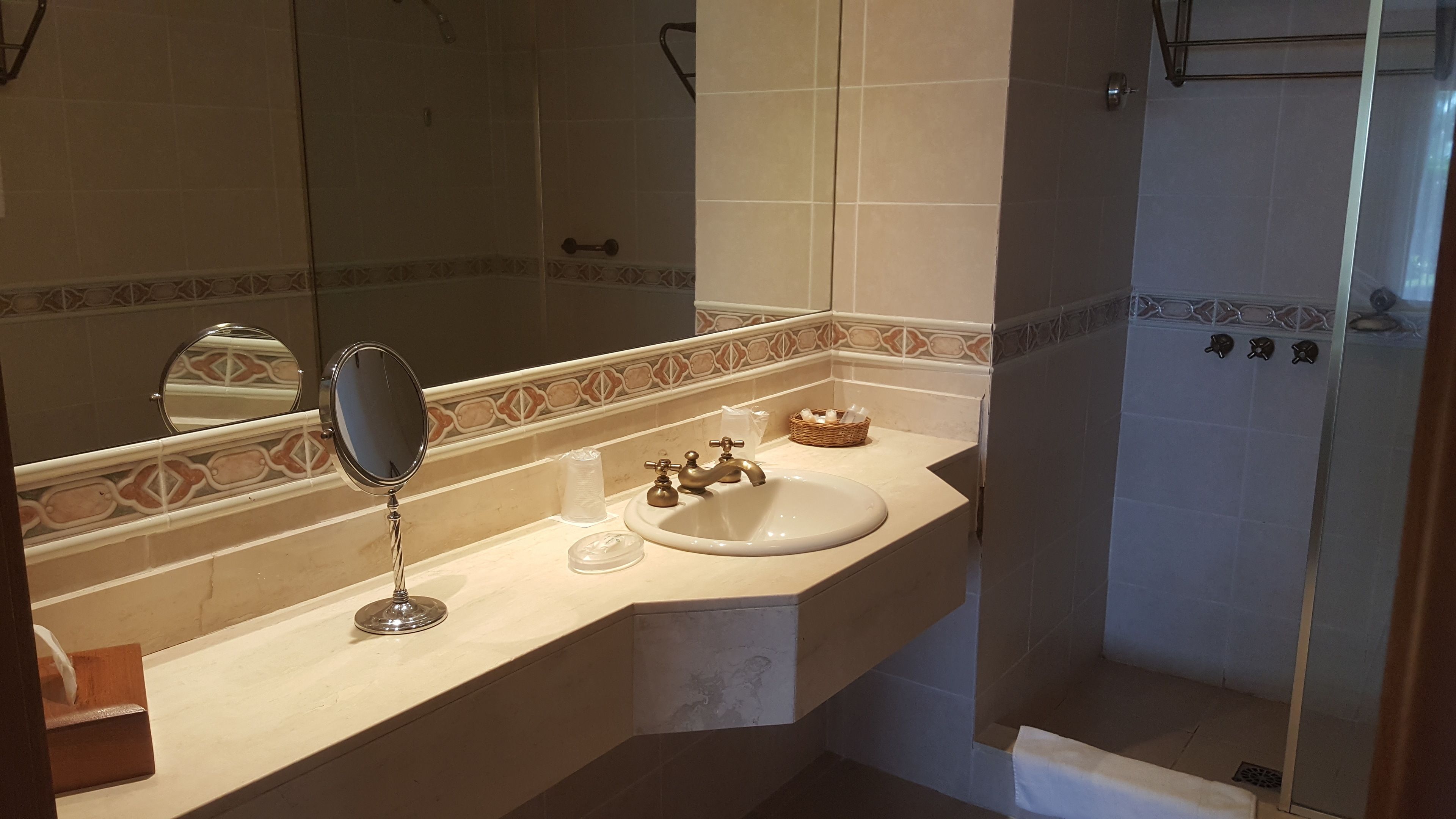 A bathroom with a sink, mirror, and shower.