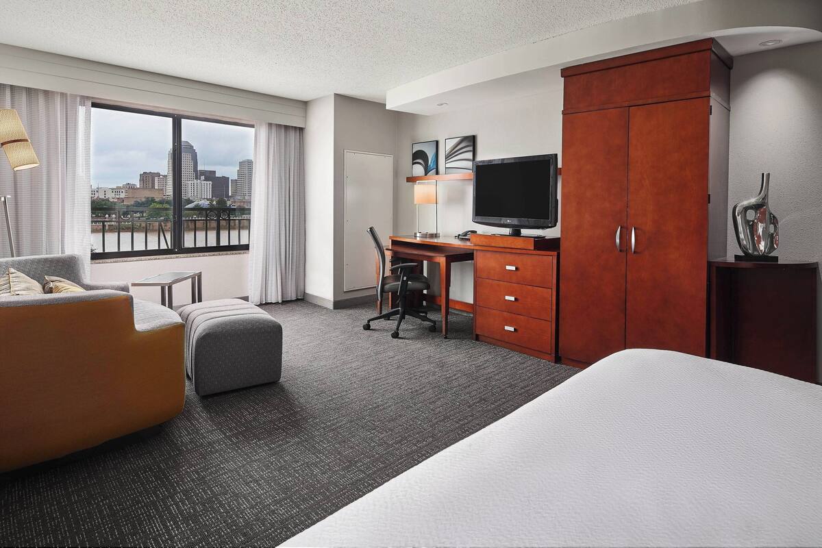 1 bedroom, desk, blackout curtains, iron/ironing board