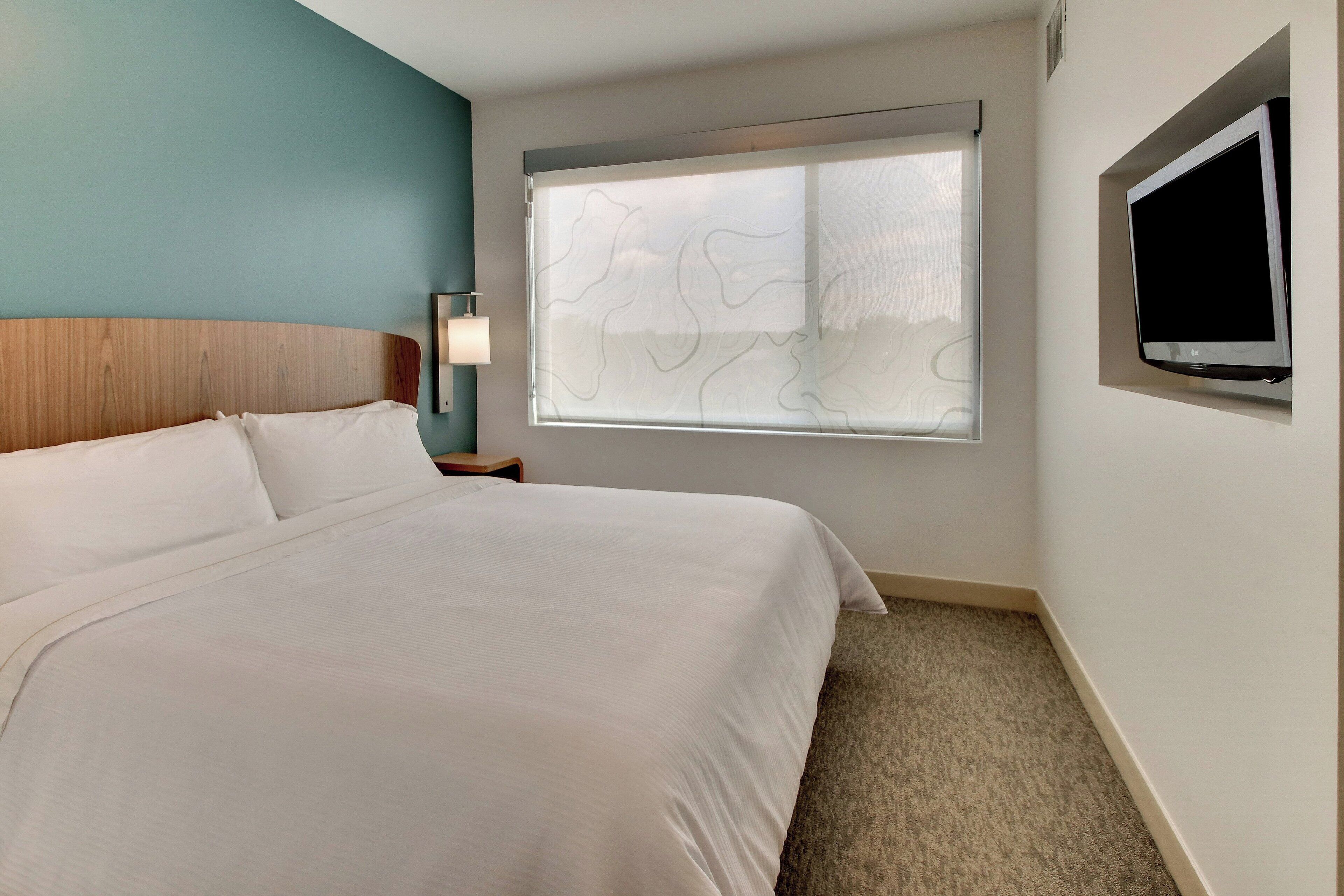 A hotel room with a large bed, a window with a view, a flat-screen TV mounted on the wall, and a nightstand with a lamp.