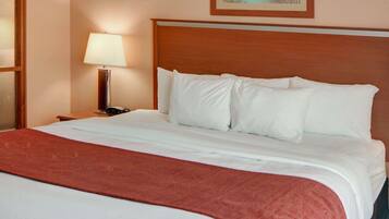 A hotel room with a large bed, a nightstand with a lamp, and a painting on the wall.