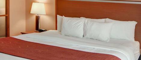 Una habitación de hotel con una cama grande, una mesita de noche con lámpara y un cuadro en la pared.