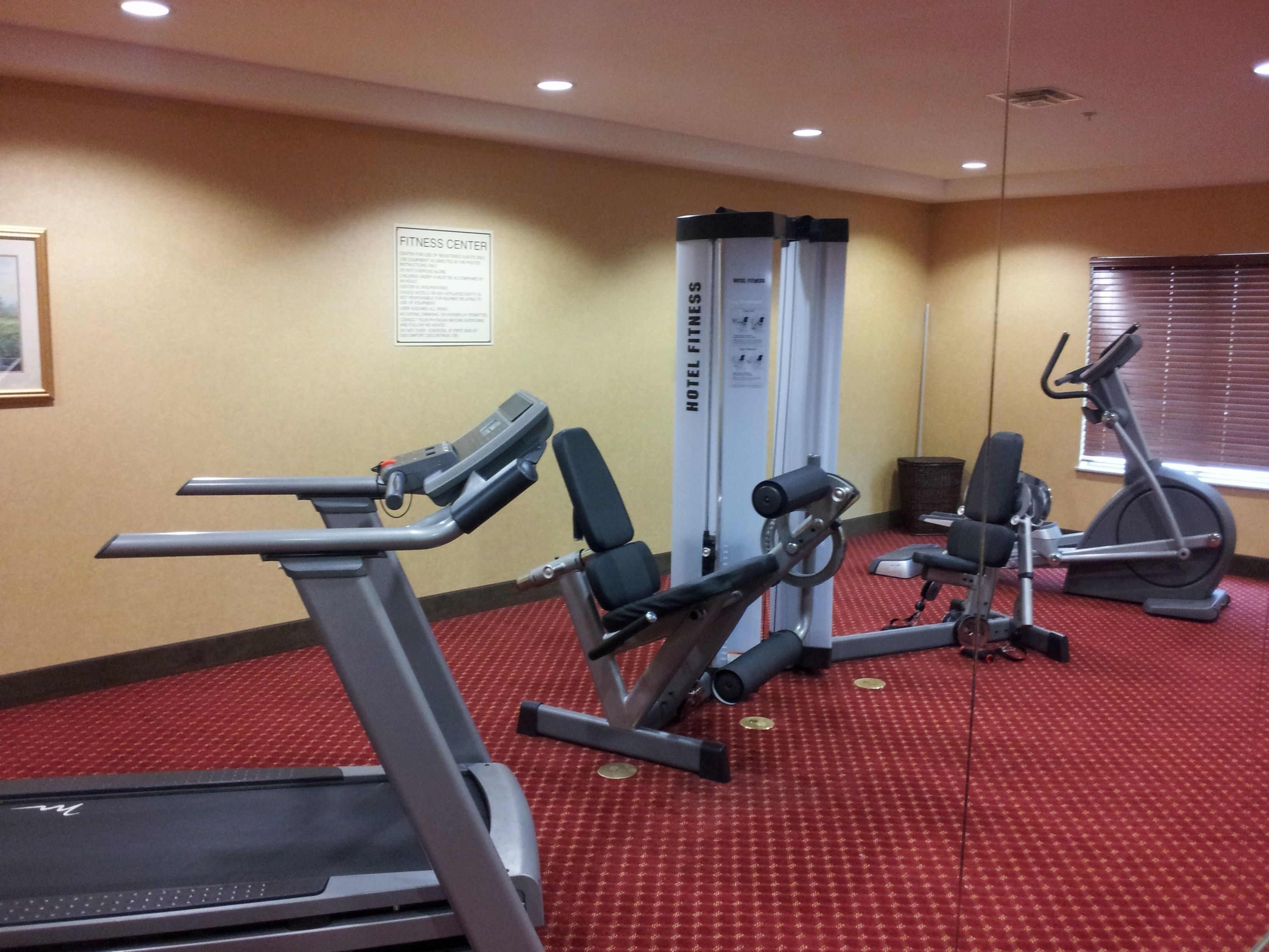 A fitness center with treadmills, weight machines, and an elliptical.
