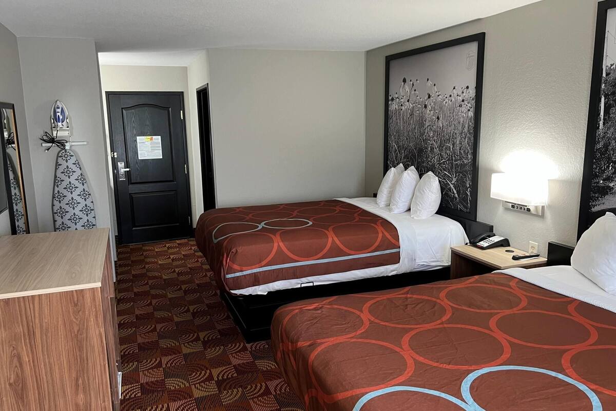 Room, 2 Queen Beds, Non Smoking | Pillow-top beds, desk, blackout curtains, iron/ironing board