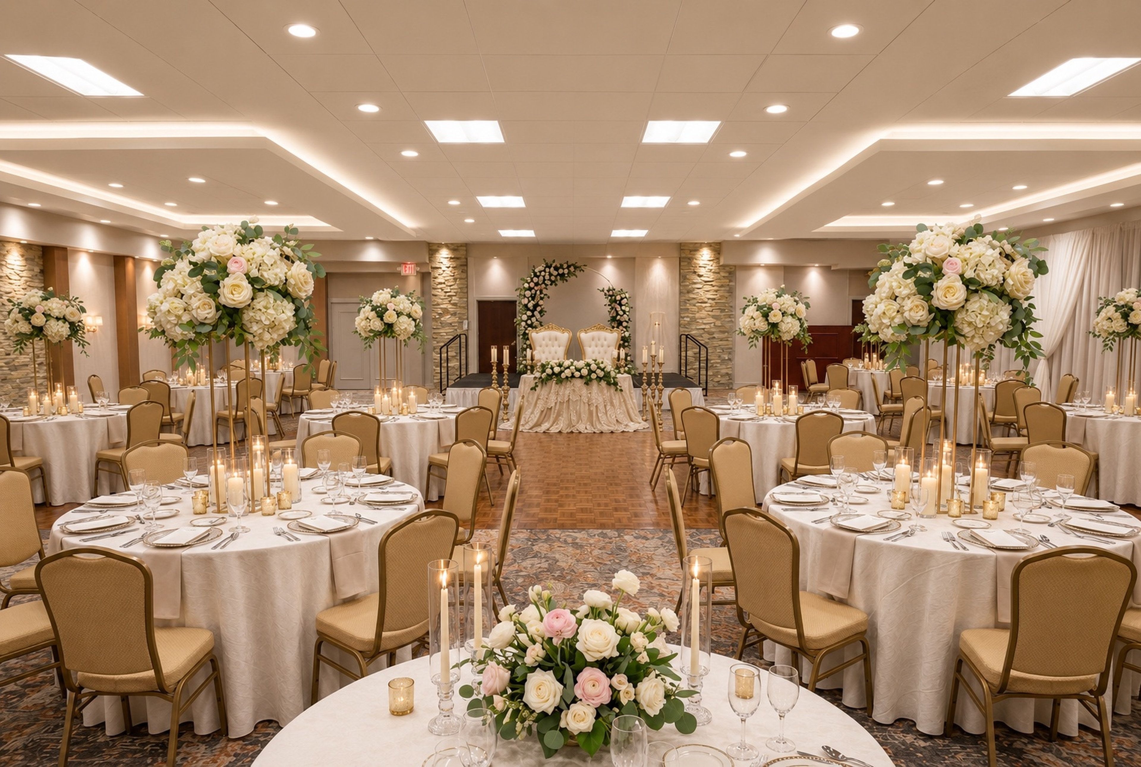 A banquet hall with round tables set for dining, each with a centerpiece of flowers and candles.