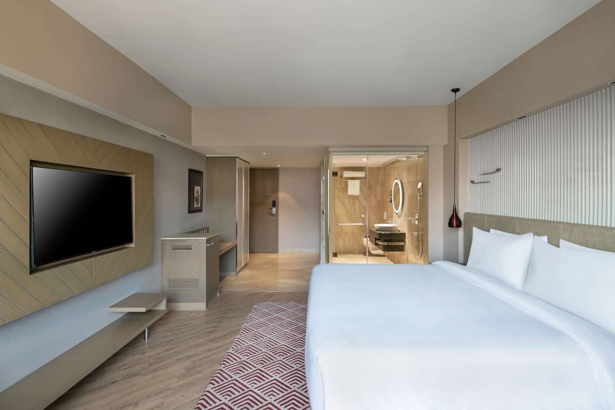 A modern hotel room with a large bed, a flat-screen TV mounted on the wall, a small desk, and a walk-in shower.