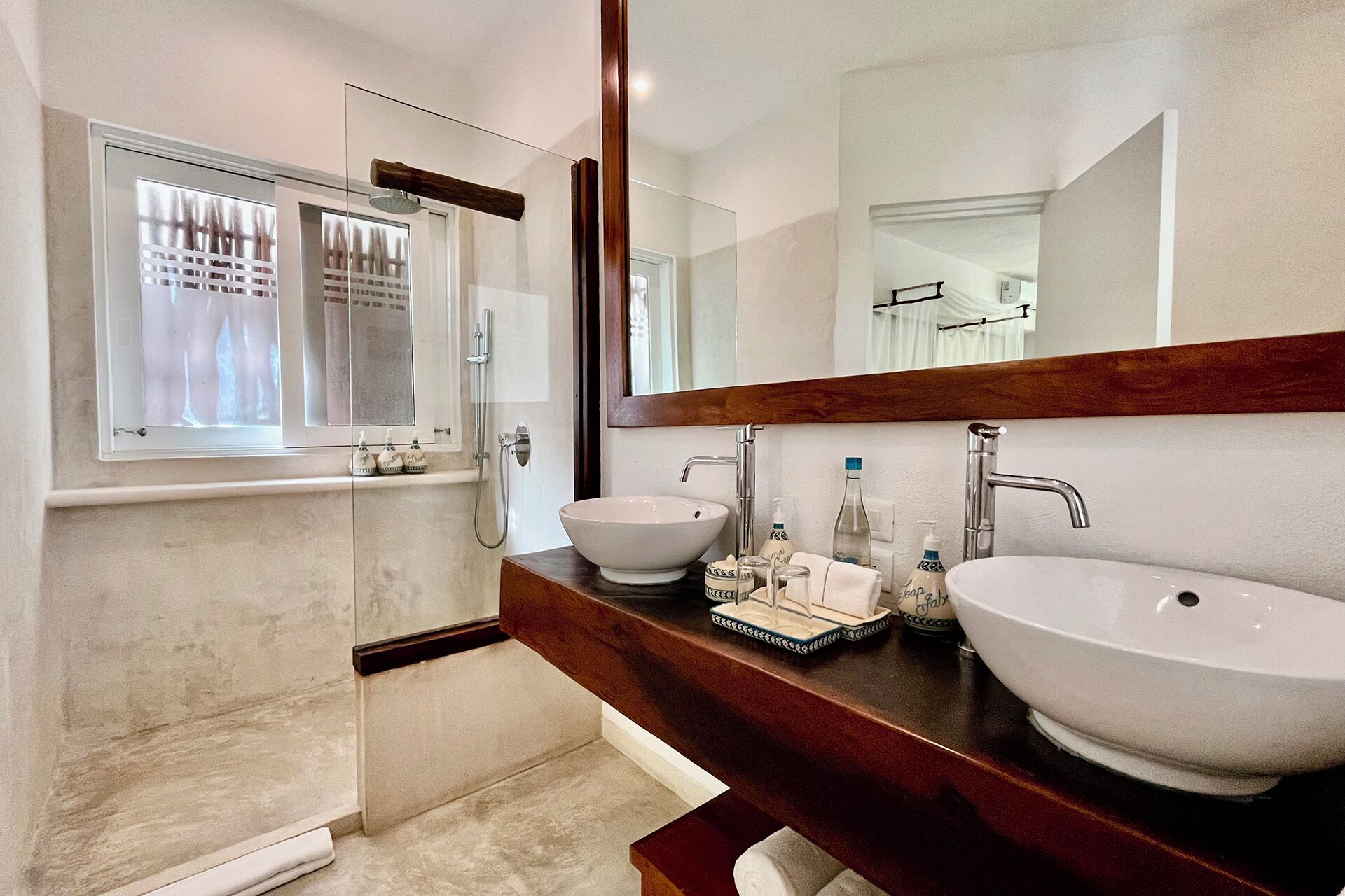 beachfront rooftop beach view | bathroom | shower, rainfall showerhead, eco-friendly toiletries, hair dryer
