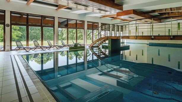 A modern indoor swimming pool with clear glass walls, wooden beams, and a view of the outdoors.